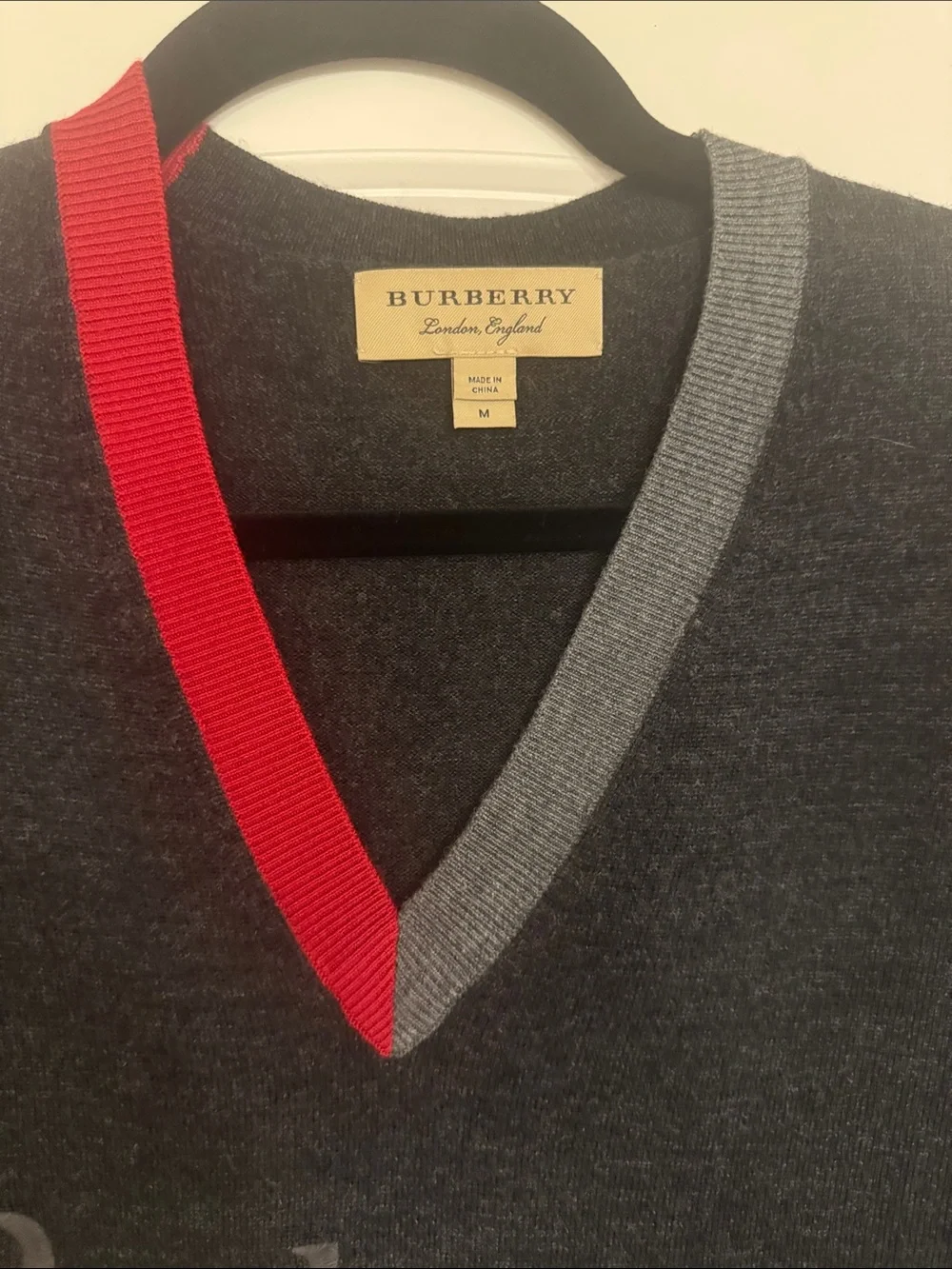 Burberry Charcoal V-Neck Logo Sweater with Red and Gray Trim